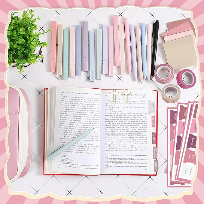 137 Pcs Bible Study Supplies Journaling Kit 1 Pencil Case 12 Highlighters 4 Sticky Notes 6 Gel Pens 35 Paper Clips 3 Tapes 1 Markers 75 Tabs for Christmas Bible School Gifts(Pink)