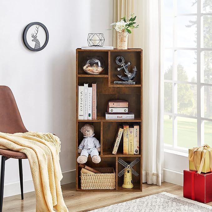 VECELO 42" Modern Bookshelf, 7 Cube Organizer Bookcase,Fits Tallest Hardcovers, Horizontal Available,Floor Standing Display,Easy Assembly,Brown