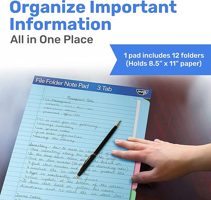 Find It File Folder Notepad - Pack of 12-9.5 x 12.5 Inch Notebook Organizer Folders for Filing, Document, and Clipboard Organization - Assorted Colors