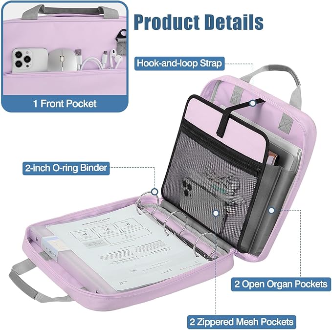 MoKo 2 Inch 3 Ring Zipper Binder - 500 Sheet Capacity with Shoulder Strap & Handle, Multi-Pocket Organizer for Middle School, Purple & Gray