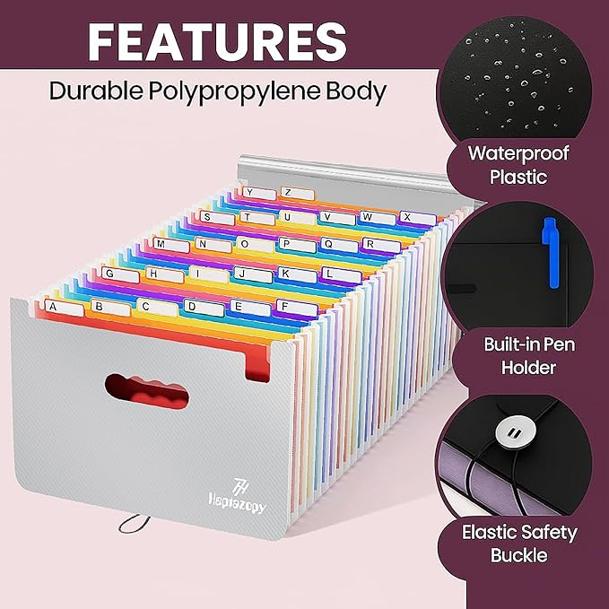 Plastic Accordion File Organizer, 26 Pockets Expandable File Folder Organizer, A4 Letter Size Filing Organizer with Colorful Tabs, Elastic Cord, 60 Paper Clip, Label & Stickers for Office School Home