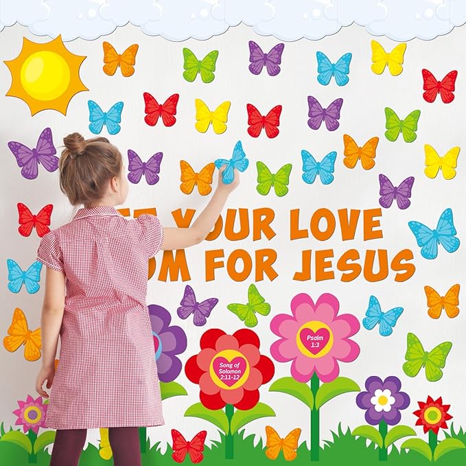 97 Pcs Christian Bulletin Board Decorations Let Your Love Bloom for Jesus Bulletin Board Sets Religious Faith Flower Butterfly Cutout for Summer Church Sunday School Classroom Wall Decor