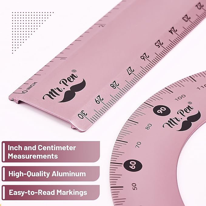 Mr. Pen- Geometry Set, 4 Pack, Light Pink, Metal Geometry Kit, Triangle Ruler, Metal Ruler, Drafting Triangles, Metal Protractor, Metal Set Square, Drafting Ruler, Drafting Set