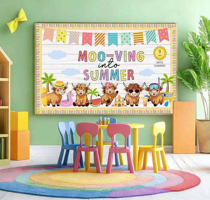 Summer Bulletin Board Set Highland Cow Bulletin Board Classroom Decorations Mooving Into Summer Cutouts for Teacher Classroom School Office Chalkboard Wall Library Window Home Decor