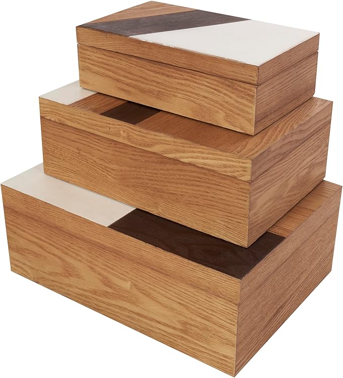 Deco 79 Wooden Geometric Decorative Box Decorative Keepsake Boxes with Cream and Dark Brown Stripes, Set of 3 Storage Boxes 14", 12", 10"W, Brown