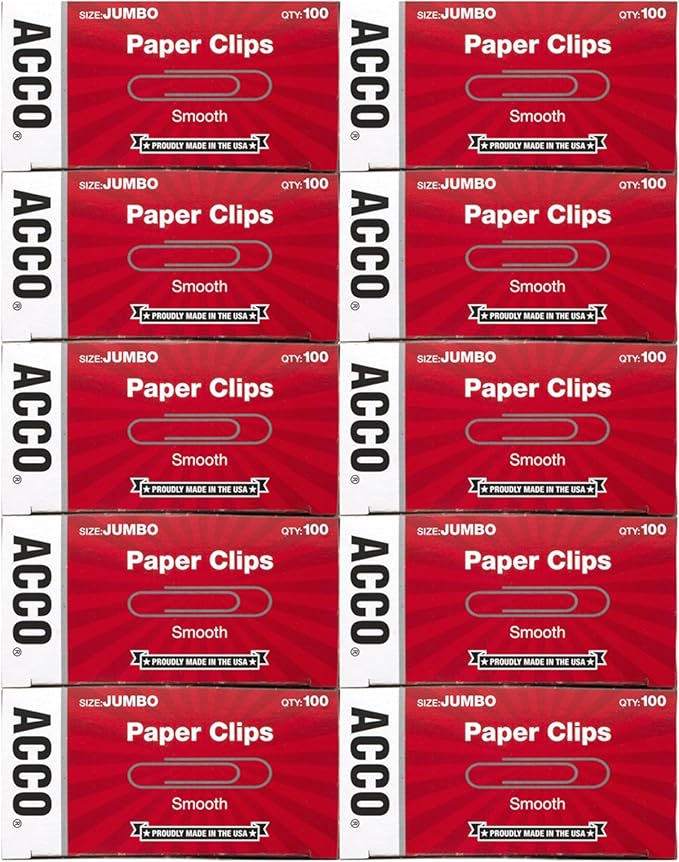 ACCO Brands Paper Clips, Jumbo, Smooth, Economy, 10 Boxes, 100/Box (72580)