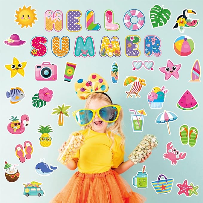 73 Pcs Hello Summer Cutouts for Bulletin Board Decorations - Hawaiian Tropical Paper CutOuts Summer Pool Beach Bulletin Board Border Wall Decals for Kids Teacher Supplies Classroom School Kindergarten