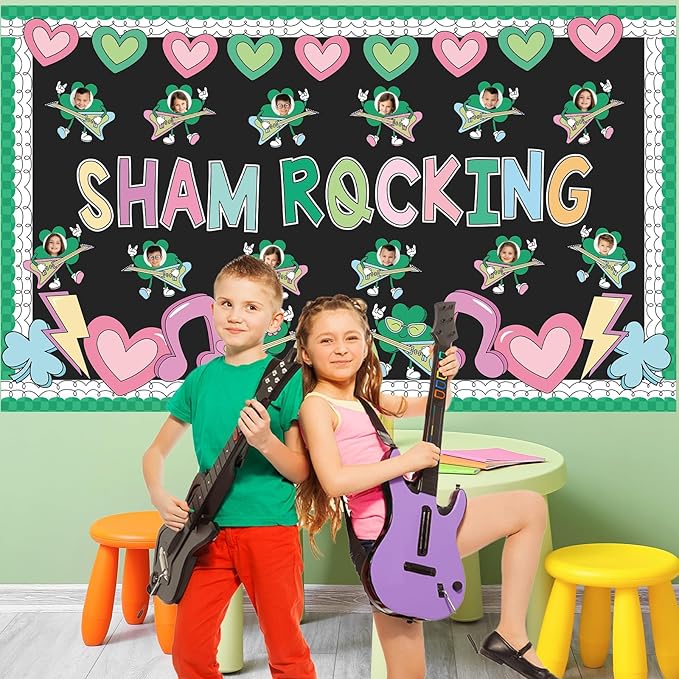 St. Patrick's Day Classroom Bulletin Board Decoration Sham Rocking Photo DIY Bulletin Board Set Lucky Shamrock Music Note Heart Cutouts for Irish Holiday Welcome School Home Wall Door Party Decor
