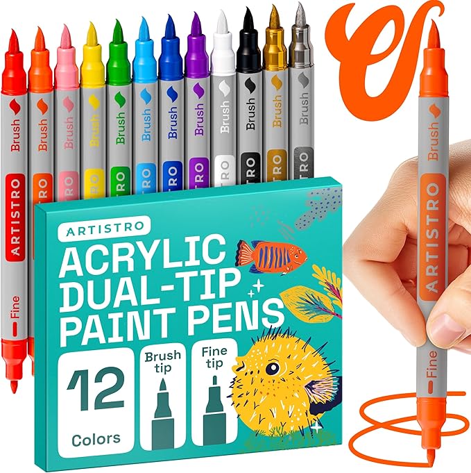 ARTISTRO 12 Acrylic Paint Markers - Paint Pens for Calligraphy, Brush + Fine Tips - For Fabric, Rock, Glass, Wood, DIY, Craft, Canvas - Art and Craft Supplies for Adults, Teens, Kids