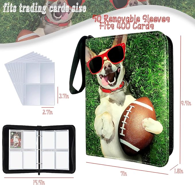 Football Card Binder 400 Pockets, Trading Card Binder 4 Pocket with 50 Removable Sleeves Fits 400 Sport Cards, 3 Ring Card Holder Binder with Zipper, Collector Storage Album