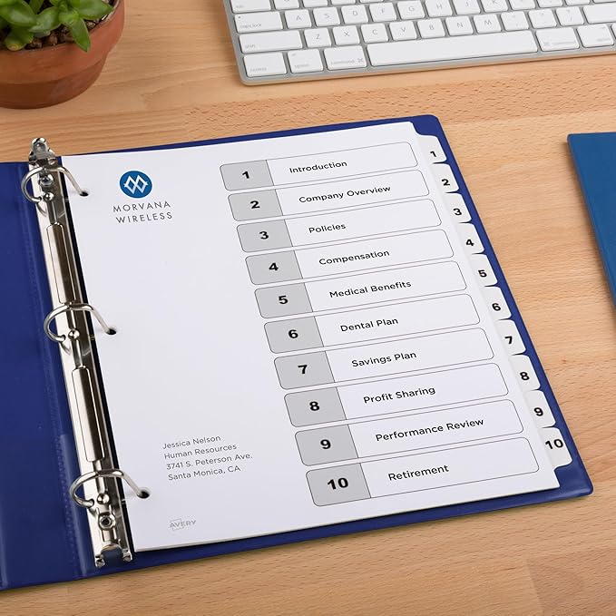 Avery Dividers for 3 Ring Binders, 10 Tabs per Set, Customizable Table of Contents, Classic White Tabs, Great for Organizing Reports, Projects, and More (11134)