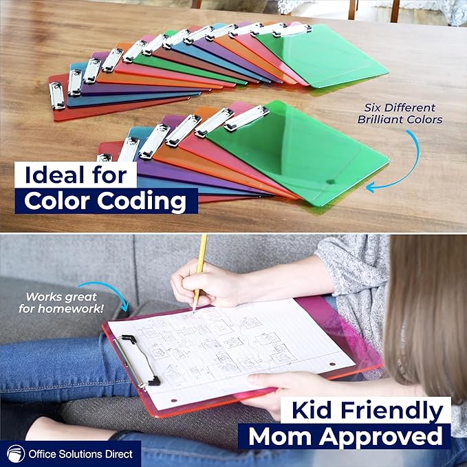 Plastic Clipboards with Low Profile Clip Set of 6-12.5 x 9 Inch Multi Color Plastic Clipboards Bulk - Clear Clip Boards Bulk Classroom - Holds 100 Sheets, Acrylic Clipboard Clear (12 Pack)