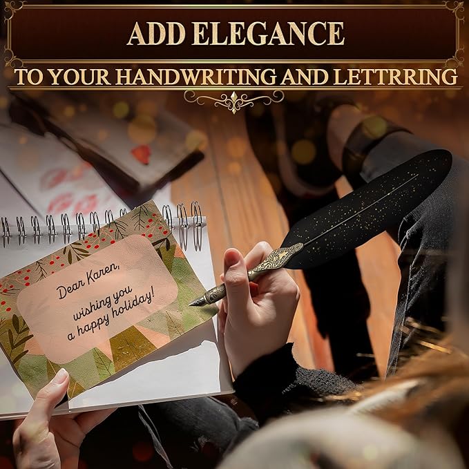 Black Feather Quill Pen and Ink Set – Feather Pen and Ink Set with Stainless Steel Nib & Stand for Practice, Drawing, Signatures & Vintage Decor – Designed for Calligraphy Beginners, Authors & Writers