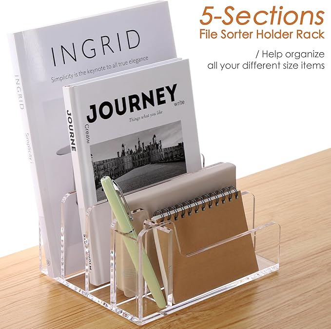 SANRUI Acrylic Mail Organizer, 5 Compartments File Holder for Desk,Letter Sorter with Pen Holder,Desk Organizers and Accessories,Clear Cute Mail Sorter