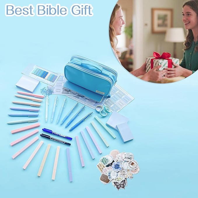 J6&H6 Complete Bible Study Supplies Journaling Kit with Tabs, Highlighters and Color Pens, Notebook,Stickers & More 56pcs Bible Accessories Set for Women, Beginner Christian Gifts(Blue)
