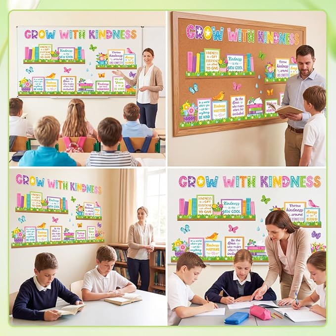 Qilery Grow with Kindness Bulletin Board Set Spring Classroom Decorations - Motivational Reading Posters for Teachers Elementary School Library Wall Decor Flower Book Cutouts for Kindness Week Display