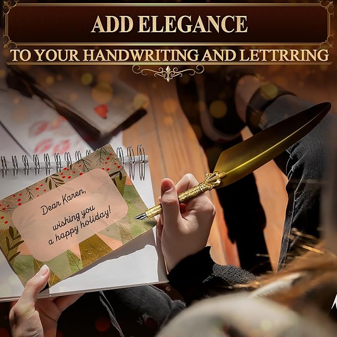 Antique Feather Quill Pen and Ink Set – Stand & Gift Box, Golden Writing Quill and Ink Set with 5 Nibs, Patterned Anti-Slip Grip – Stainless Steel Dip Pen for Signing & Writing | Calligraphy Gift