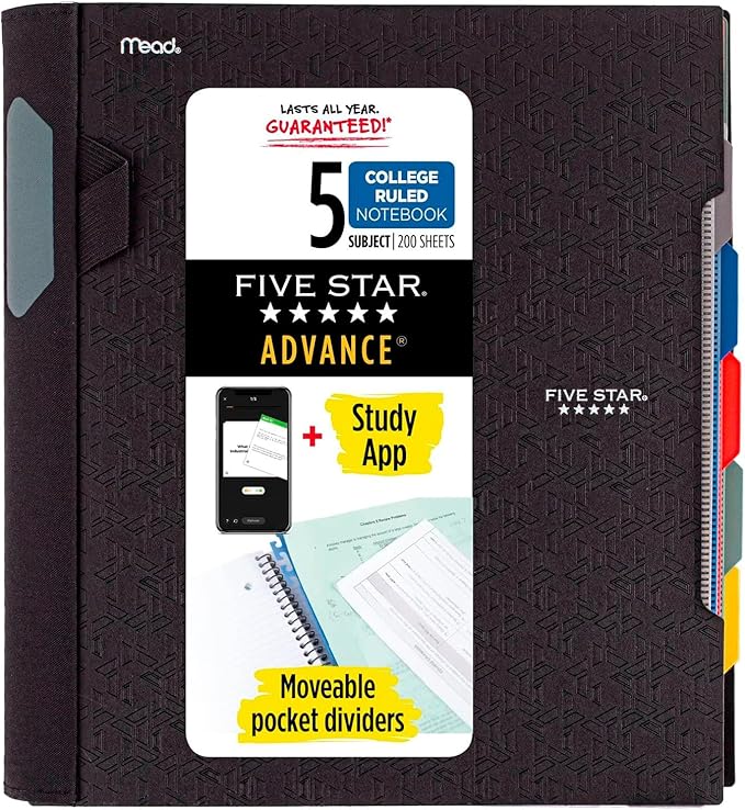 Five Star Advance Spiral Notebook + Study App, 5 Subject, College Ruled Paper, 8-1/2" x 11", 200 Sheets, Spiral Guard, Movable Tabbed Dividers, Black (73144) (Pack of 6)