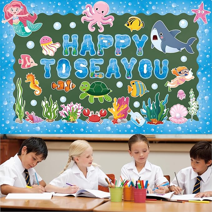 97 Pcs Ocean Animal Bulletin Board Decorations, Under The Sea Classroom Decorations Happy to Sea You Bulletin Board Decor for School Classroom Ocean Themed Party Supplies