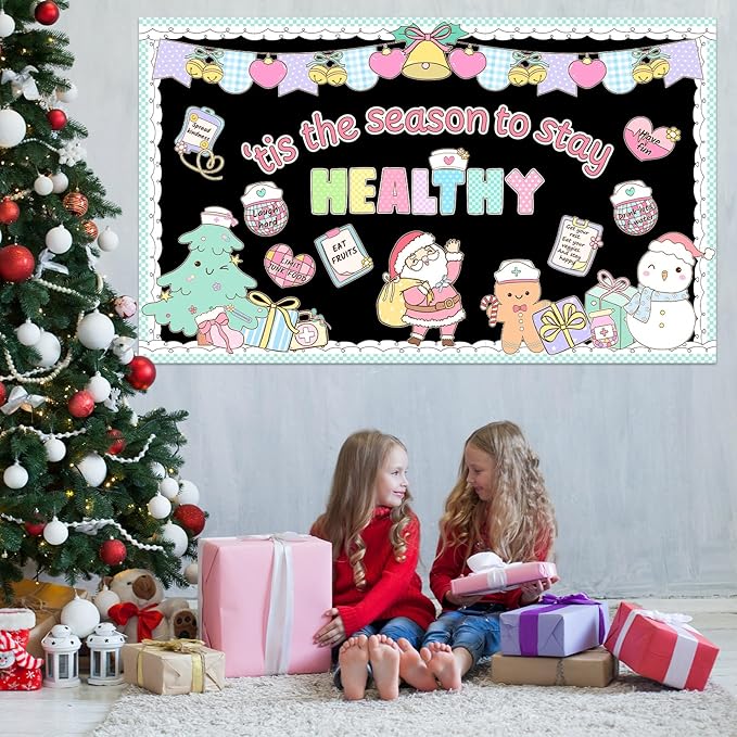 Christmas Health Bulletin Board Decorations Set Xmas Pastel Healthy Habits Poster Christmas Tree Snowman Santa Cutouts for Classroom School Home Chalkboard Wall Winter Holiday Party Decor Supplies