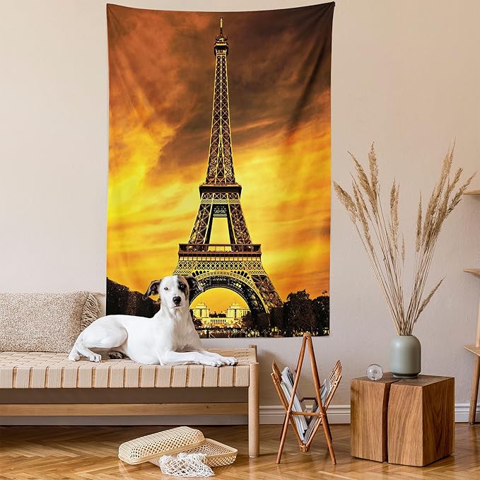 Ambesonne Eiffel Tower Tapestry Queen Size, Paris Love City Monument in Dramatic Sunrise Picture of French Landmark, Wall Hanging Bedspread Bed Cover Wall Decor, 88" X 88", Yellow Brown