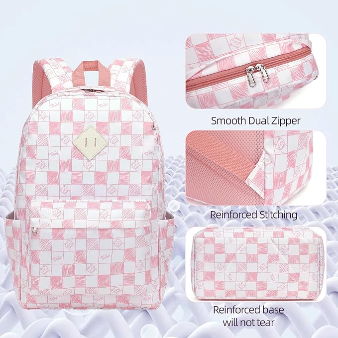 School Backpack for Girls, 3PCS Bookbags Set with Lunch Box Pencil Pouch Elementary Middle School Bag Laptop Back Packs (Cat Checkered Pink)