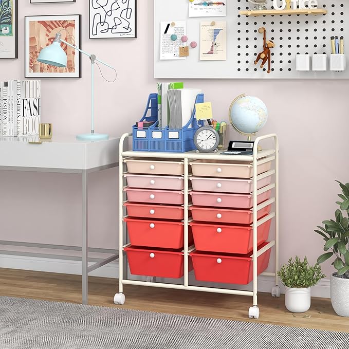 COSTWAY 12-Drawer Rolling Storage Cart, Moveable Art Craft Organizer W/Lockable Wheels, Metal Shelf, Files Arrangement Tools Makeup Storage Cart for Office, Home, School, Mixed Pink