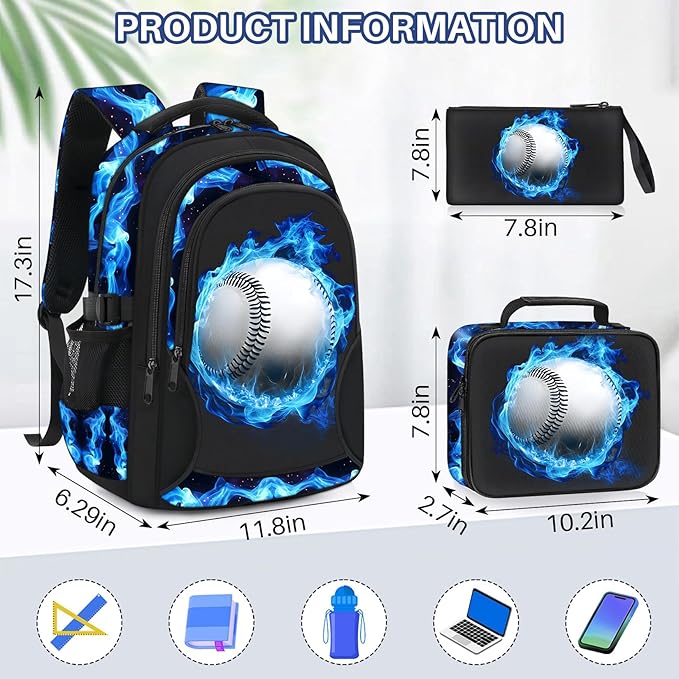 School Backpacks for Boys - 4pcs Baseball Boys Backpacks with Lunch Box Set for Kids Teens Elementary Middle School, 17″ Large Capacity Students Bookbag, Perfect for Travel