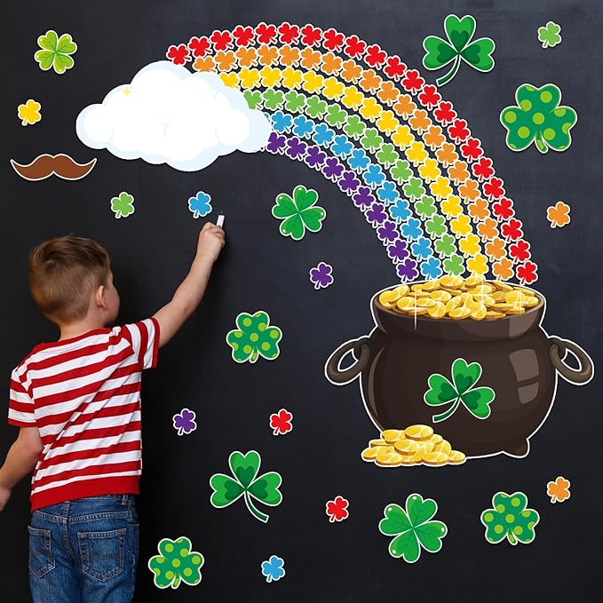 155PCS St.Patrick's Day Bulletin Board Decoration Set Shamrock Bulletin Board Decoration Kindness is Golden Cutouts for Bulletin Board St.Patrick’s Party Supply Classroom Chalkboard Wall Decor