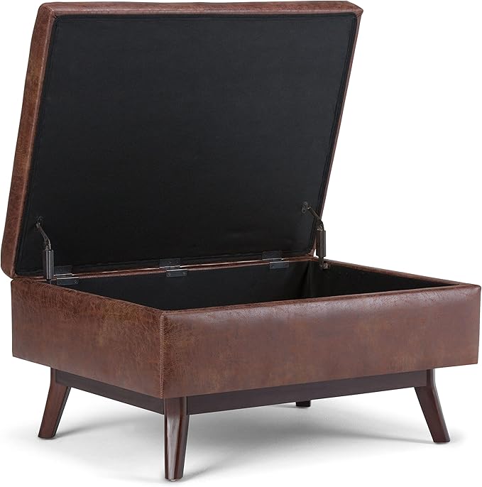 SIMPLIHOME Owen Coffee Table Storage Ottoman - 34 inch Wide Upholstered Vegan Leather Rectangular Lift-Top Ottoman in Distressed Saddle Brown, Mid-Century Bench for Living Room with Tapered Legs