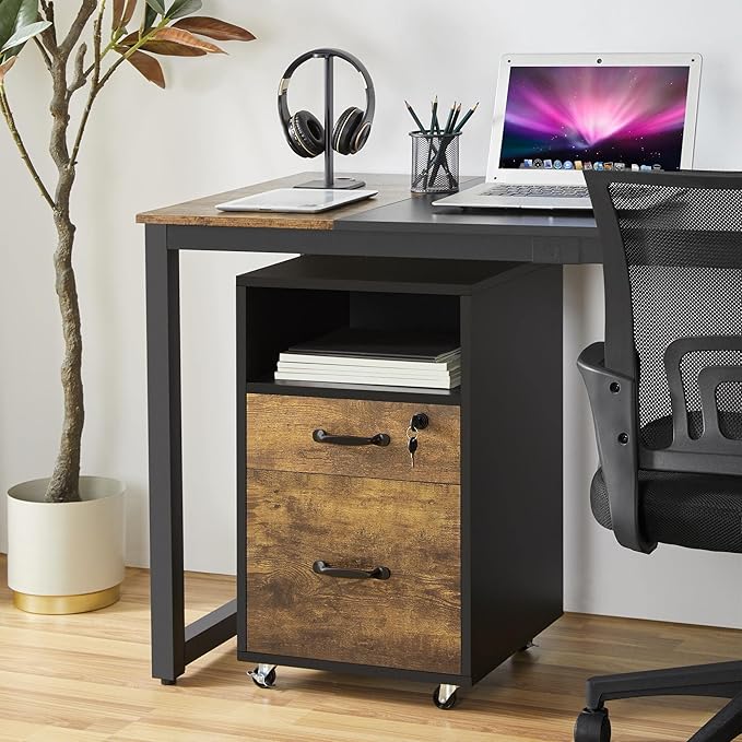 Yaheetech File Cabinet, Under Desk Vertical Cabinet With 2 Drawers and Open Compartment, Printer Stand with Lockable Wheels for A4 Letter Size Hangable File Folders for Home Office(Black/Rustic Brown)