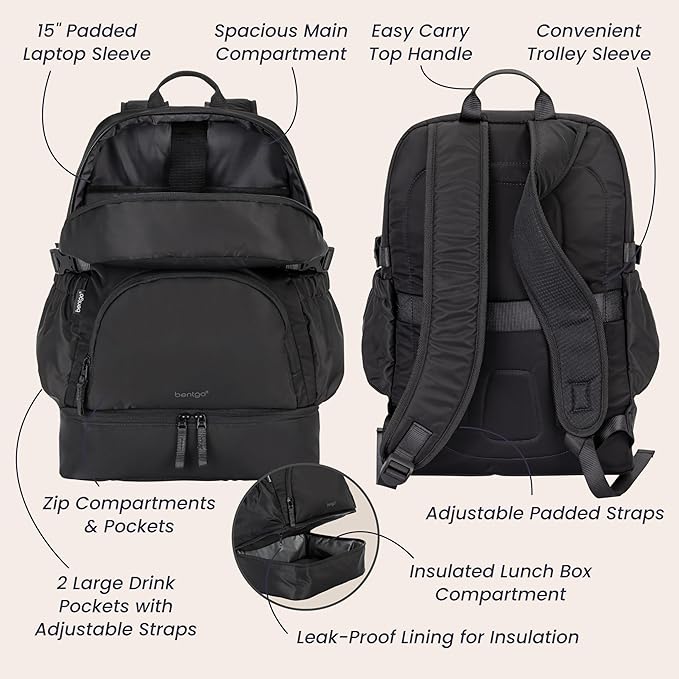 Bentgo 2-in-1 Adult Backpack & Insulated Lunch Bag – Lightweight, Water-Resistant Travel Backpack with 9 Compartments, Laptop Sleeve & Trolley Sleeve for Work & Everyday Use (Obsidian Charcoal)