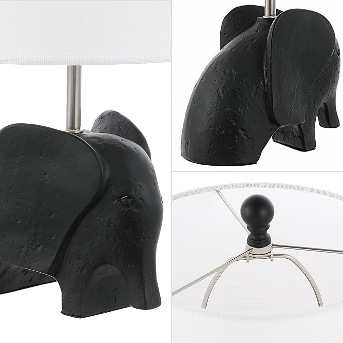 JONATHAN Y 17.5" Black Elephant Kids Table Lamp, Whimsical Resin Bedside Lamp with White Linen Drum Shade for Bedroom Playroom Nursery, LED Bulb Included, UL Listed JYL1143A