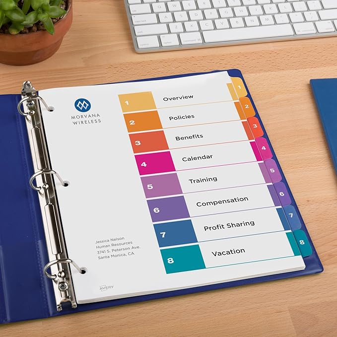 Avery Dividers for 3 Ring Binders, 8 Tabs per Set, Customizable Table of Contents, Multicolor Tabs, Great for Organizing Reports, Projects, and More (11133)