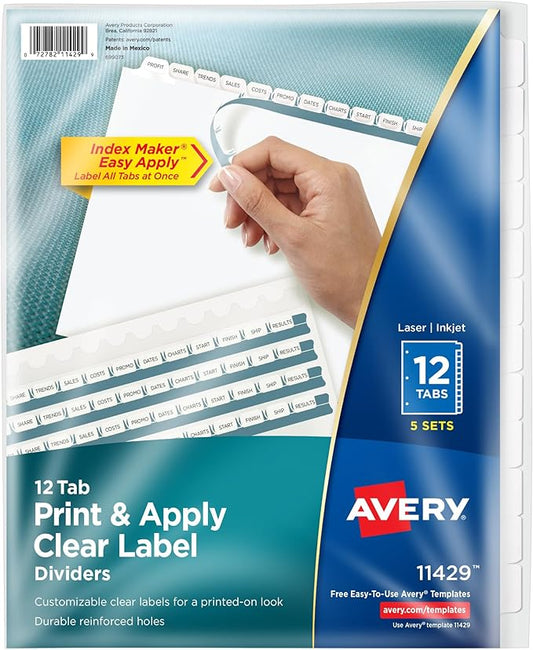 Avery 12-Tab Binder Dividers, Easy Print & Apply Clear Label Strip, Index Maker, White Tabs, 5 Sets (11429)