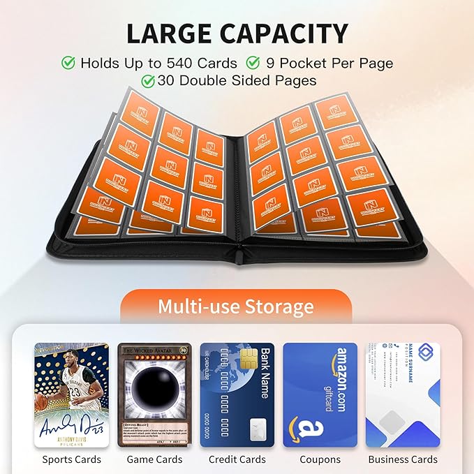 Trading Card Binder, Premium 9 Pocket 540 Double Sided Pocket Collection Binder, Card Album for TCG Card Holder for Game Card, Sports Card, Yugioh, MTG etc(Orange)