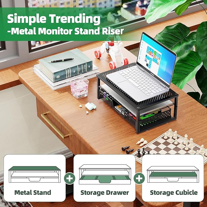 Simple Trending 2 Pack 2 Tier Metal Monitor Riser Stand and Computer Desk Organizer with Drawer, Black