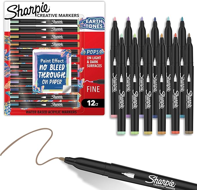 Sharpie Creative Markers, Earth Tones, Water-Based Acrylic Paint Markers, Fine Tip, 12 Count