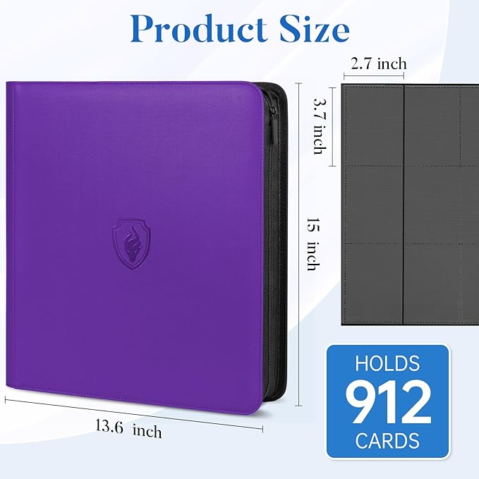 Premium Zip Card Binder 12 Pocket, Fabmaker 912 Pockets Trading Card Binder, PU Zipper Card Collection Album, Sturdy Side-Loading Card Book Holder for Game & Sports Cards, Purple