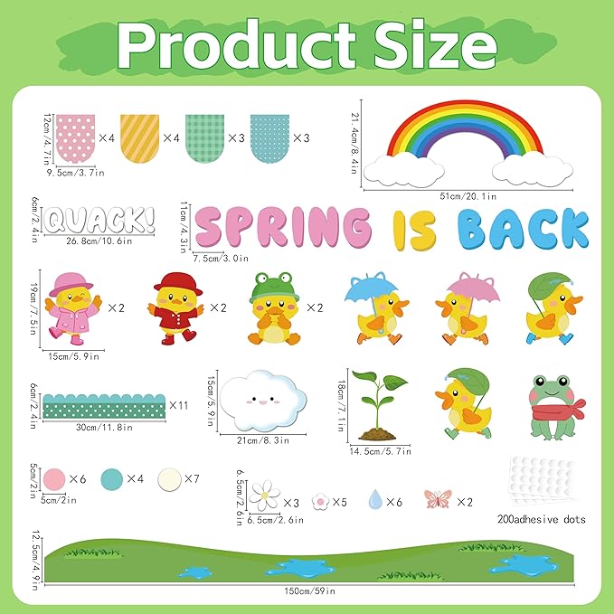104Pcs Spring Bulletin Board Decorations, Spring Duck Bulletin Board Decorations Set, Spring Rainy Rainbow Cloud Spring Decorations for Office Classroom Home, Spring is Back Bulletin Board Decorations