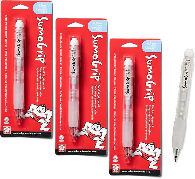 SAKURA SumoGrip Pencil with Comfort Grip - 0.9 mm Ergonomic Mechanical Pencil - Clear - 3 Pack