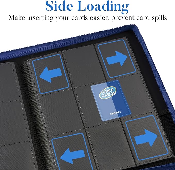 Premium Zip Card Binder, Fabmaker 9 Pocket Trading Card Binder, PU Cover Zipper Card Collection Album, Sturdy 360 Side-Loading Card Folder Holder for Game & Sports Cards, Navy Blue