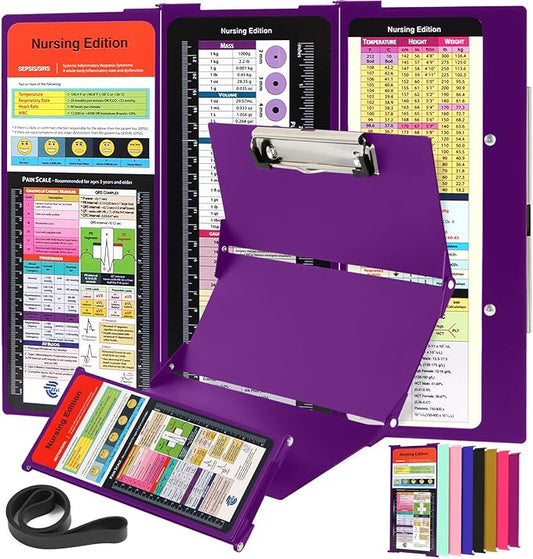 Nursing Clipboard with Nursing and Medical Edition Cheat Sheets 3 Layers Aluminum Foldable Nurse Clip Board Nursing Student Essentials - Foldable Clipboard Nursing Nursing School Essentials (Purple)