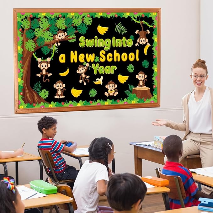 Monkey Tree Bulletin Board Swing Into A New School Year Classroom Bulletin Board Decorations Jungle Monkey Name Tag Paper Cutouts for Summer Back to School Wall Decor Teacher Supplies