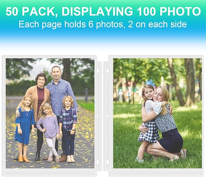 50 Pack 8 x 10 Photo Sleeves for 3 Ring Binder(100 Pictures), Heavy-Duty Archival Photo Page Protectors, Clear Picture Album Refill Pages Holds, Acid-Free