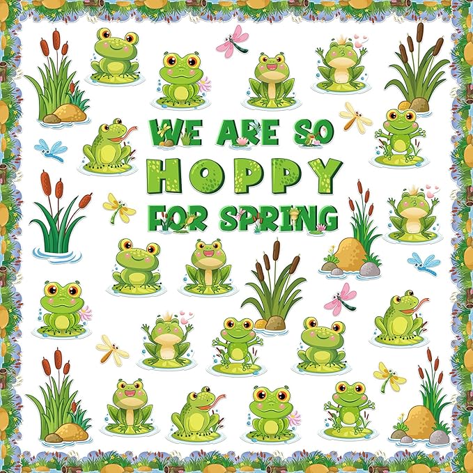 Pasimy 68 Pcs Frog Bulletin Board Set Spring Summer Classroom Decorations Green Jumping Frog Pond Grass Dragonfly Flower Lotus Paper Cutouts Jungle Bulletin Border Trims for Chalkboard School Wall