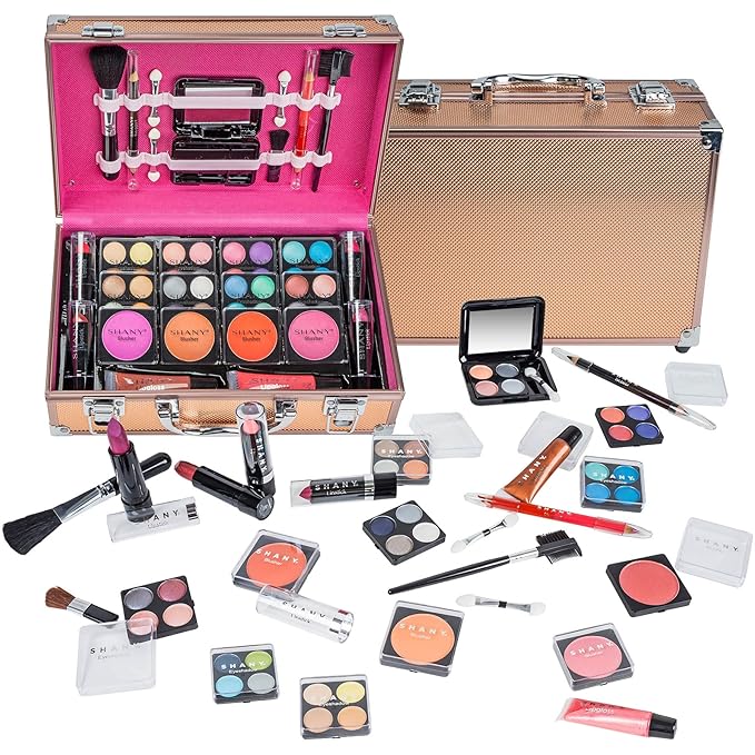 SHANY Carry All Make up Train Case with Pro Makeup Set, Beauty Brushes, Lipsticks, Eye Shadows, Blushes, Powders, and more - Reusable Cosmetics Storage Organizer - Premium Gift Packaging - Rose Gold