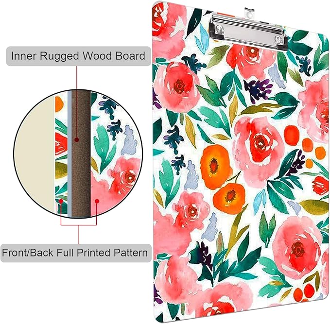 Fashion Clipboard, A4 Letter Size Wooden Decorative Clipboards for Teacher, Nurse, Doctor,Student and Kids, Cute Design for Standard Size 12.2" x 8.9" (C-Pink Floral)