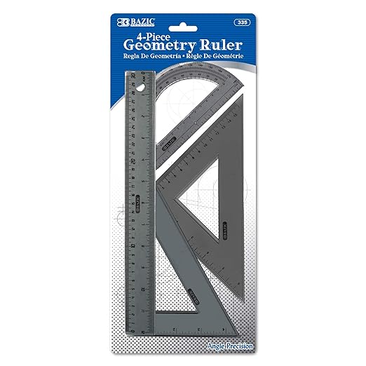 BAZIC Products Math Geometry Set 4 Pieces, Protractor, 12" Ruler, 2 Triangle Rulers, Plastic Clear Measuring Sets for Students School Supplies, 1-Pack