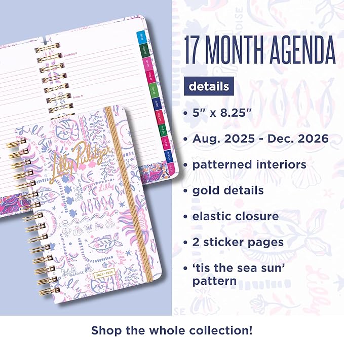 Lilly Pulitzer Medium Planner August 2025 - December 2026, Weekly Agenda & Monthly Calendar, Stickers, Pockets, Spiral Binding, 5" x 8.25" (Tis the Sea Sun)